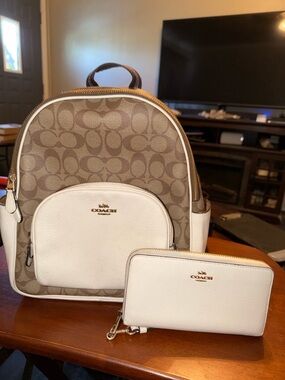 Coach Brown Monogram Backpack with White Leather Wallet